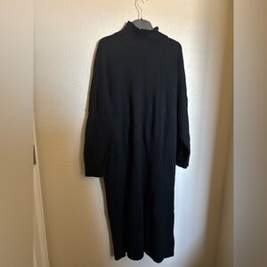 Eskandar Merino Wool Oversized Sweater Knit Midi Dress Sz XL Black High Neck